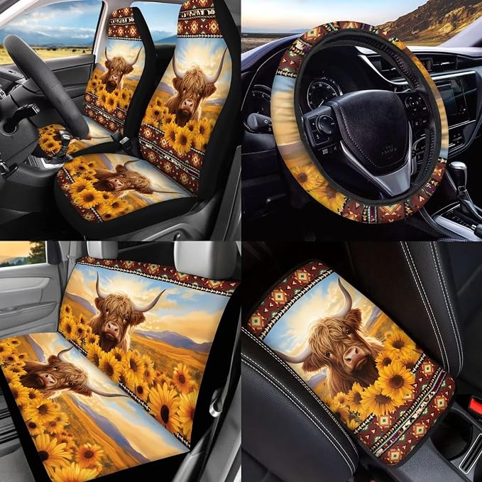 BIGCARJOB Highland Cow Print Seat Covers Full Set - Front & Rear, Sunflower Car Seat Protector Set, Funny Cow Print Headrest Covers, Trash Can