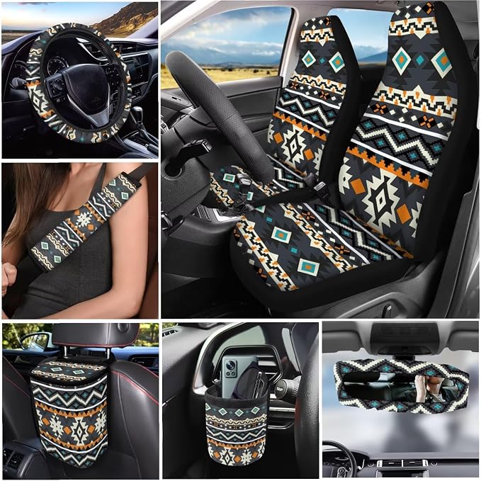 Dreaweet Tribal Car Seat Covers Full Set Geometric Pattern Front and Back Seat Covers with Steering Wheel Cover Seat Belt Pads Coasters Trash Bag Rear View Mirror Cover Keychain 15 Pcs Universal Fit