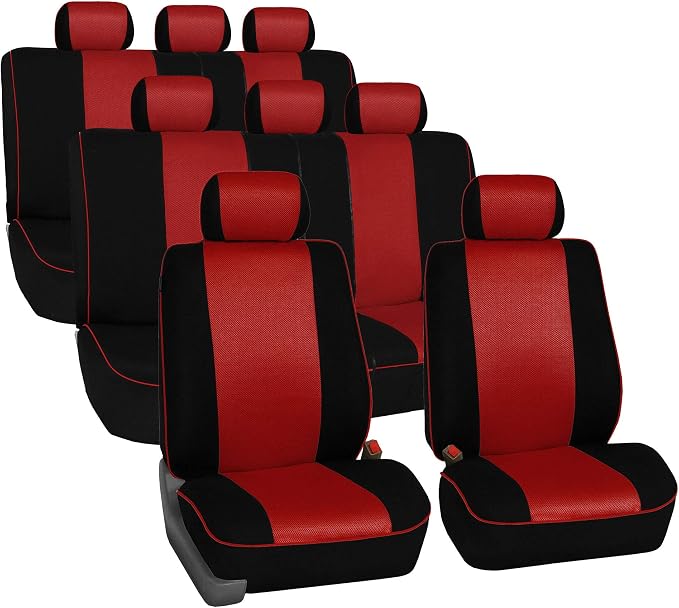 FH Group Car Seat Covers Three Row 8 Seater Cloth Car Seat Covers with Piping (Airbag and Split Ready) - Universal Fit for Cars Trucks & SUVs Red/Black