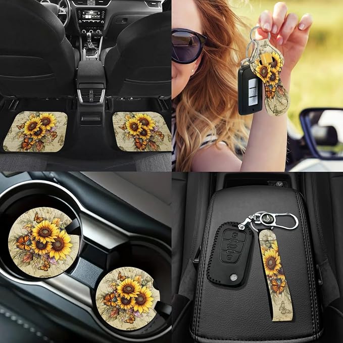 Butterfly Car Accessories Set Full Sets of 17 Pack Sunflower Car Seat Covers Full Sets with Front and Split Rear Bench Heavy Duty Floor Mats Seat Belt Shoulder Pad Steering Wheel Covers