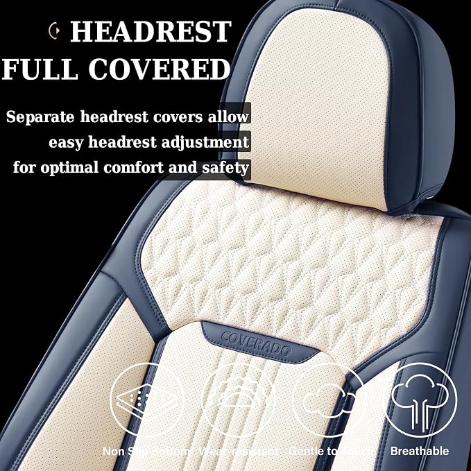Coverado Front Seat Covers, Leather Car Seat Cover, Waterproof Car Seat Protector, Driver Seat Covers Car Seat Cushion Universal Fit for Most Cars, Blue&White