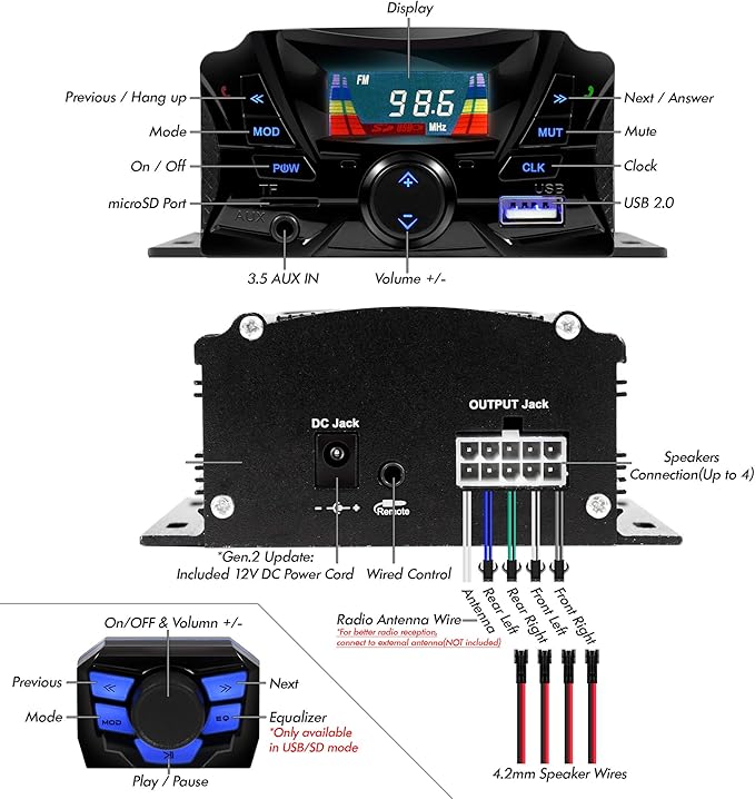GoHawk Motorcycle Speakers Bluetooth, Waterproof Speakers and Amplifier Audio Sound System, Weatherproof, FM Radio, Volume Control, ATV UTV w/AUX in, USB, Micro SD