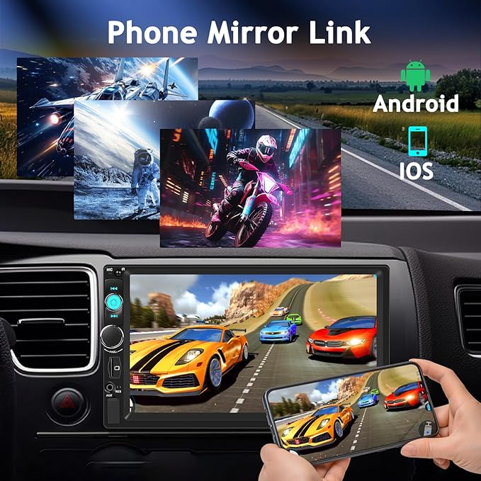 NHOPEEW 7 inch Double Din Car Stereo with Backup Camera, 2 Din Touch Screen Radio with Carplay & Android Auto, Bluetooth 5.0, Share Same Video, Calendar Viewing, Mirror Link, SWC + Rear View Camera