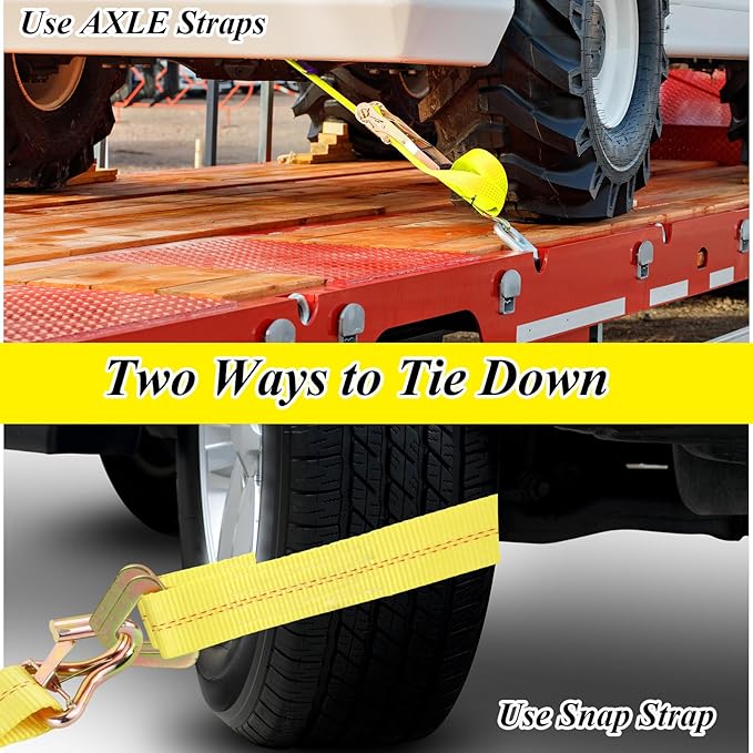 YAYODS 4 Pack Car Tie Down Straps for Trailers with J Hooks, 2" x 10' Heavy Duty Ratchet Straps with 2" x 36'' Axle Straps, 10,000lbs Break Strength Truck Strap for Car, Truck, UTV Transport, Yellow