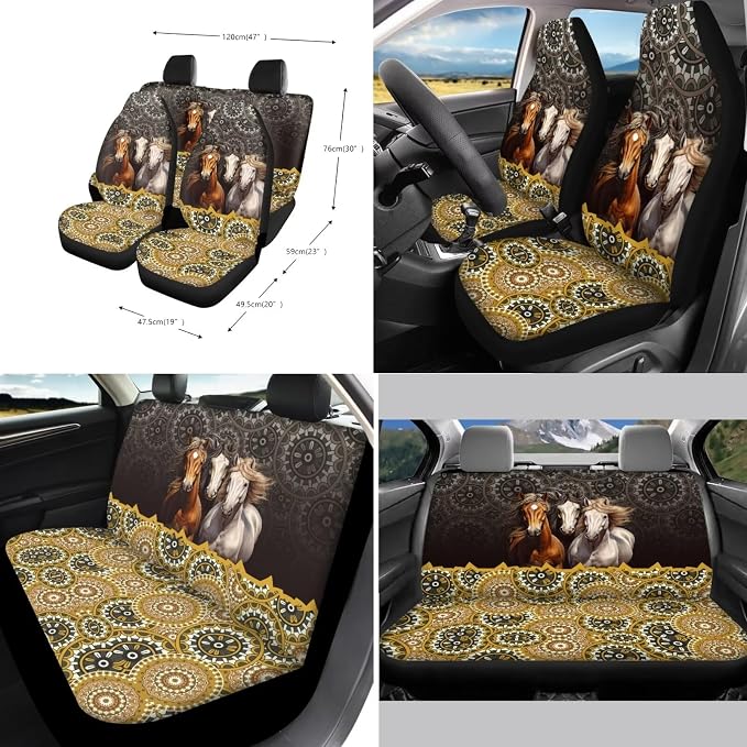 Xoenoiee Horses Boho Mandala Print 11 Pcs Universal SUV Car Seat Covers Auto Interior Accessories Full Set with Steering Wheel Covers, Seat Belt Pads, Key Chain, Car Cup Mat