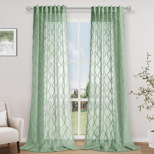 Extra Long Aqua Green Sheer Curtains 120 Inch Length for Living Room 2 Panels Semi Sheer Tuft Pom Textured Back Tab Lightweight Curtain Treatment Privacy Embroiderd Textured Drapes for Bedroom 52x102