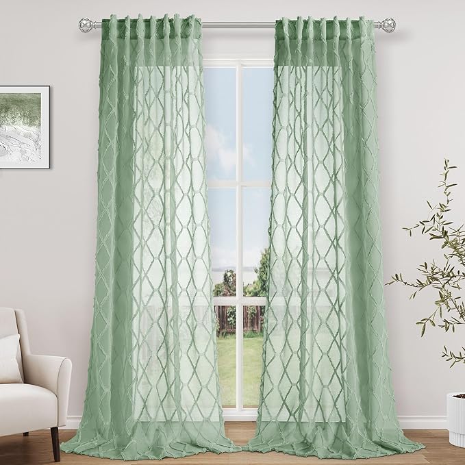 Extra Long Aqua Green Sheer Curtains 108 Inches Long for Living Room 2 Panel Geometric Embroidered Tuft Pom Textured Back Tab Drapes Light Filtering Window Curtain Vintage Country Window Decor 52x108