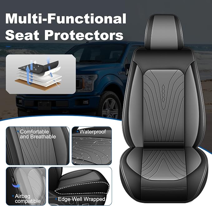 Truck Seat Covers Full Set Custom Fit for 2009-2026 Ford F150 & 2017-2026 F250/F350/F450 Super Duty Waterproof Leather Seat Protectors (Black & Gray)
