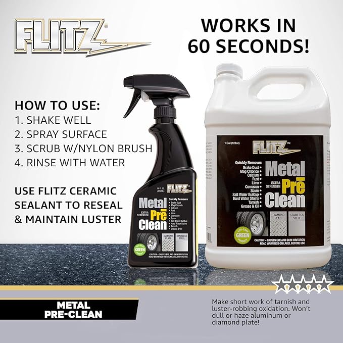 FLITZ Metal Pre-Clean - 16oz of USA-Made Stainless Steel Cleaner Spray - Works on Aluminum, Brass, Copper, & More - Tarnish, Rust Remover for Metals - Non-Abrasive Aluminum Deoxidizer (1 Pack)