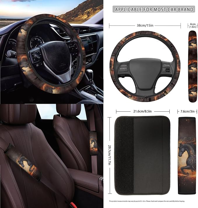 Horse Flame Print Car Accessories Full Set of 15 Car Seat Covers Seatbelt Strap Covers Steering Wheel Cover Air Vent Storage Bag Rearview Mirror Cover Cup Holder Key Chain Car Decor