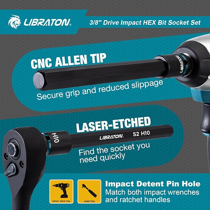 LIBRATON 3/8" Drive Long Impact Hex Bit Socket Set, Allen Bit Sockets, S2 Steel Hex Head Sockets, 20PCS Allen Wrench Socket, SAE&Metric Allen Bit Socket Set, 6" Long Allen Key Socket, Blow Molded Box
