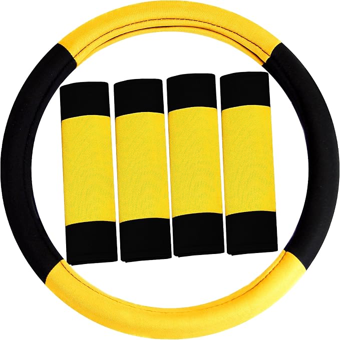 FH Group Automotive Seat Car Covers Unique Flat Cloth Yellow Full Set, Combo Steering Wheel Cover and Seat Belt Pads Rear Solid Bench Universal Fit for Vans Cars Trucks and SUV Interior Accessories