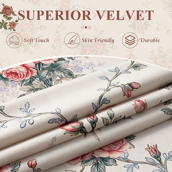 StangH Cottagecore Floral Printed Velvet Curtains, Cream Vintage Rose and Bow Knot Patterned Drapes French Country Romantic Home Decor for Bedroom Nursery, W52 x L96, 2 Panels