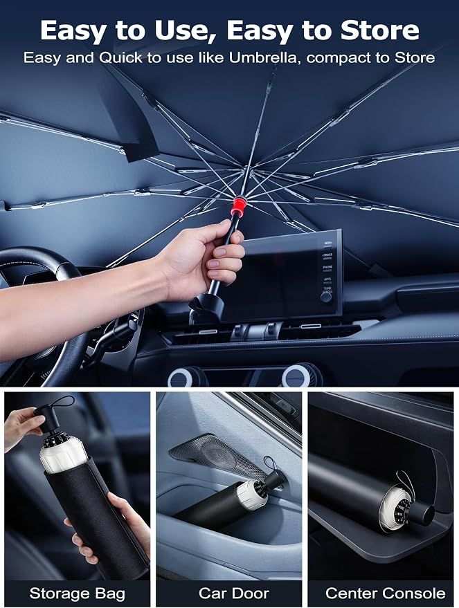 DMJN Umbrella Windshield Sun Shade for Ford F150 F250 F350 F450 (2015-2026), Car Sunshade for Front Windshield [Nano Ice-Crystal Coatings] UPF50+ Heat & UV Block, Protect Interior & Keep Cooler