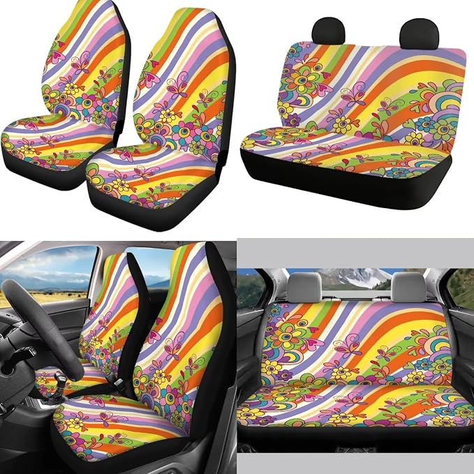 Mumeson 8 Pack Hippie Flower Butterfly Car Seat Covers Full Set with Seat Belt Pads Shoulder Cushion + Steering Wheel Cover + Armrest Cushion for Car Universal Size Car Accessories for Womens