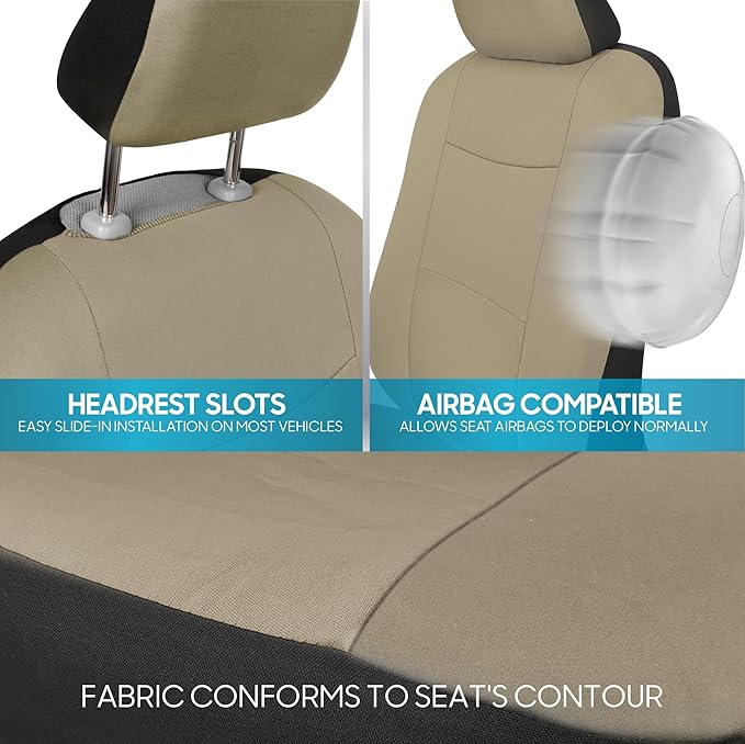 BDK PolyPro Car Seat Covers Full Set in Solid Beige, Front and Rear Split Bench Seat Covers for Cars, Easy to Install Car Seats Cover Set and Accessories for Auto Trucks Van SUV - Solid Beige