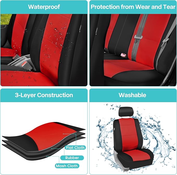 FH Group Neoprene Car Seat Covers Rear Set - Universal Fit, Washable Split Bench Seat Cover for SUV & Sedan - Red