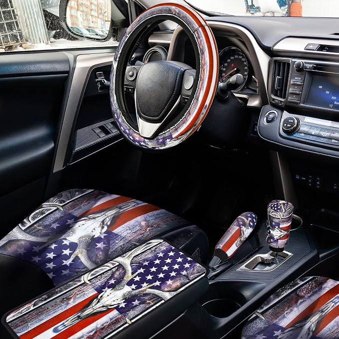 American Flag 25 PCS Patriotic Seat Covers - Skull Camo Car Accessories - 4th of July Steering Wheel Cover, Tire Valve Stem Caps, Cup Holder, Armrest Pad, Seatbelt Pads, Wrist Strap