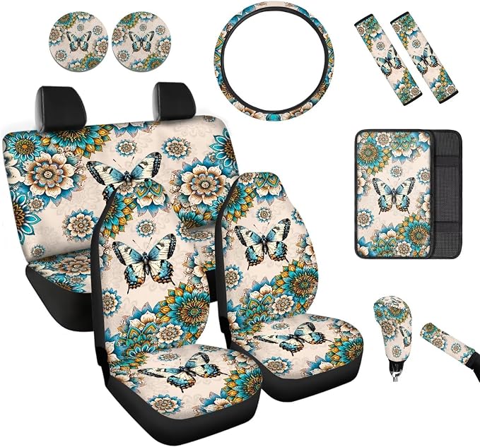BIGCARJOB Boho Lotus Print Car seat Covers Set 12 Pack Cute Butterfly Print Car Interior Accessories Universal Center Console Armrest Pads,Coaster,Universal Steering Wheel Covers,Seat Belt Cover