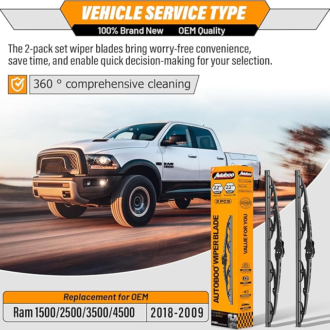 AUTOBOO 22"+22" Windshield Wipers Replacement for Dodge Ram 1500/2500/3500/4500 2009 2010 2011 2012 2013 2014 2015 2016 2017 2018-Original Factory Quality (Pack of 2)