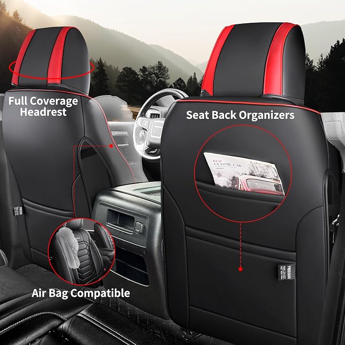 FREESOO for Silverado Seat Covers 2014-2018 Leather Full Set, Fit for Chevy Silverado GMC Sierra 1500 2500 3500 Crew Cab Waterproof Truck Seat Covers BlackRed