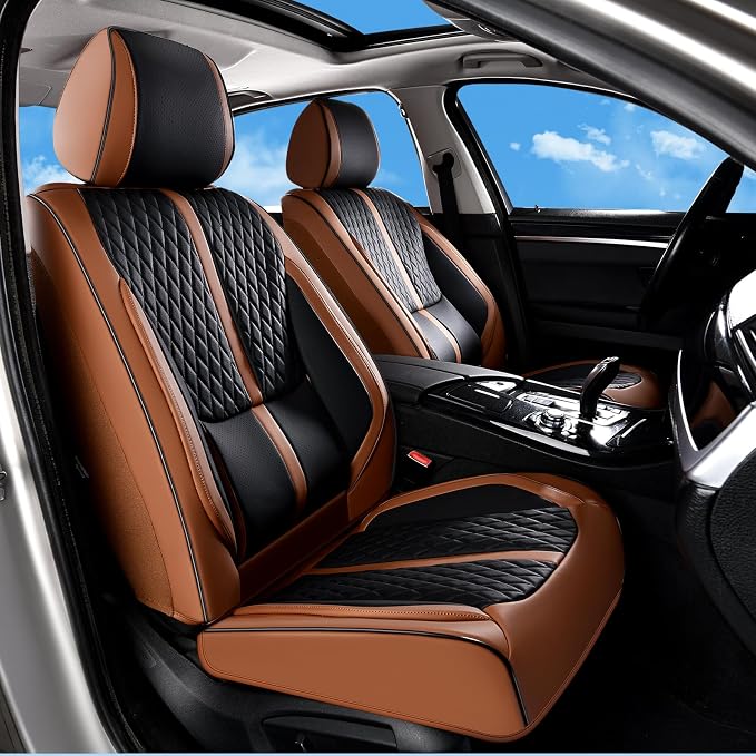 Huidasource Seat Covers, Luxury Nappa Leather Car Seat Covers Full Set with Velcro Adjustable, Airbag, Lumbar Support, Cooling＆Heating, Brown Car Seat Cover Fit for Most Cars SUV Trucks, Brown＆Black