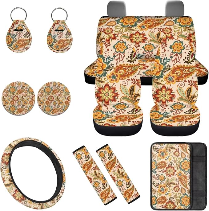 Vintage Floral Automobile Seat Cover Sets 12 Pack with Car Steering Wheel Cover Arm Rest Cover Keychain Holder Protector Seat Belt Pads Suitable for Most Cars,SUV