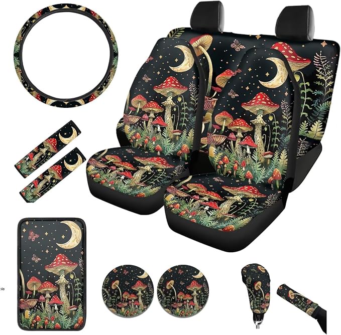 BIGCARJOB Mushroom Car Seat Covers Full Set 12 Pcs Womens Interior Accessories Mushroom Print Steering Wheel Covers,Armrest Seat Box Cover Cushion,Cup Mats,Universal Fit