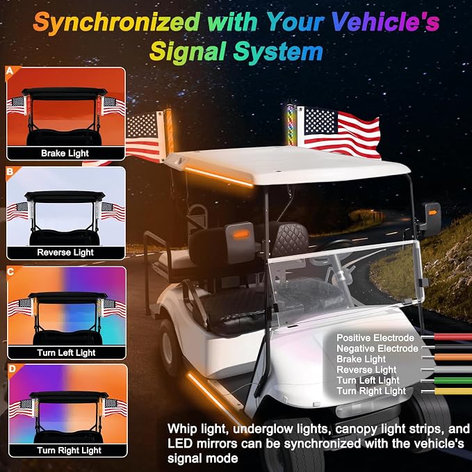 2 Pack 2FT Golf Cart Flag Pole Whip Lights, Only Fit 1.0" Square Rail, LED Light Bluetooth App & Remote Control, Lighted with Turn Reverse Brake Signal for 36V/48V/72V (Included DC Converter)
