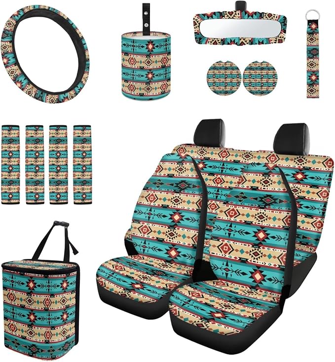 Western Aztec Car Seat Covers Set of 15 with Universal Steering Wheel Cover, Rearview Mirror Cover, Car Trash Can, Seatbelt Pads, Cup Holder Coasters, Keychains