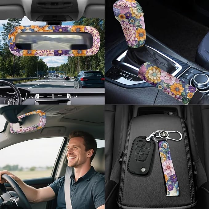 18 Pcs Car Seat Covers Full Sets Mandala Lotus Car Interior Accessories Sets with Hippie Print Steering Wheel Cover Car Headrest Covers Car Trash Can Car Seat Belt Pads Cover for Women