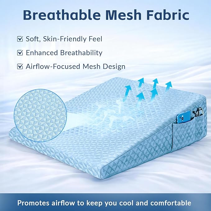 Wedge Pillow 7.5" Bed Wedge After Surgery, Back Pain Relief, Memory Foam Pillow Triangle Incline Wedge for Back Support, Leg Elevation（Blue）