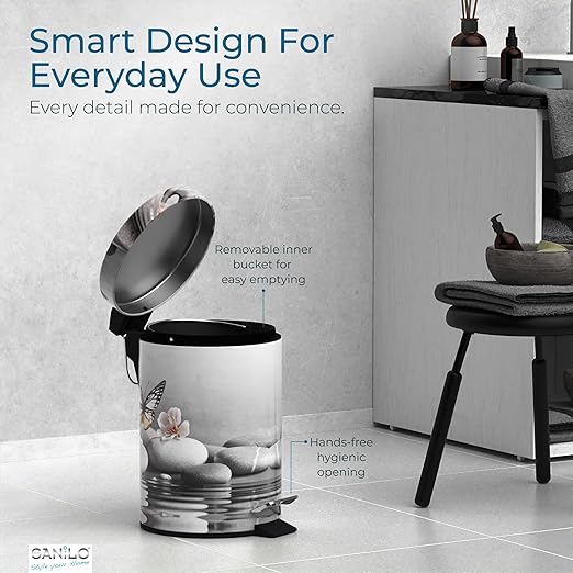 Sanilo Small Bathroom Trash Can with Lid [1.3 Gallon] - Lidded Tiny Trashcan for Garbage - Mini Metal Bin with Soft Closing Mechanism - Bath Room Accessoire Wastebin with Inner Bucket (Vanesa)
