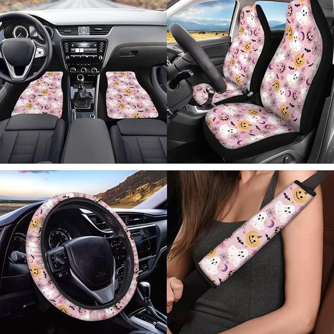 Pink Cute Halloween Car Accessories Set for Women, Car Seat Covers Full Set with Steering Wheel Cover Floor Mats Armrest Pad Seat Belt Pads Roof Cup Coaster Handle Wraps Keychains