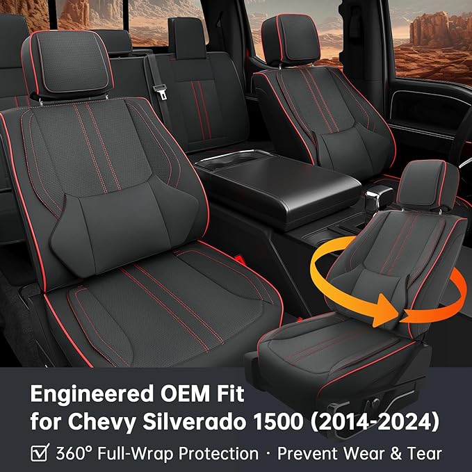 W&PMAX Custom-Fit Front Seat Covers for Chevy Silverado 1500 (2014–2019), Red Front Set, Waterproof Leather, Airbag Safe, Easy Install