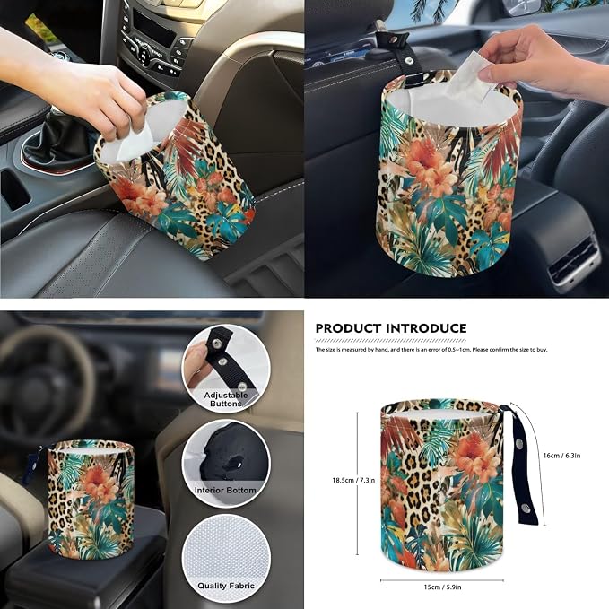 Tropical Floral Auto Interior Accessories Leopard Car Seat Covers with Auto Steering Wheel Cover Seat Belt Covers Car Trash Can View Mirror Cover Coaster Keychains