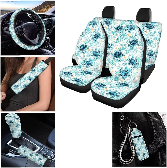 12 Pack Car Seat Covers for Women Men with Steering Wheel Cover and Seat Belt Pad Washable 2 Pcs Cup Coaster Holder Keychain Gear Shift Cover Auto Accessories, Sea Turtle