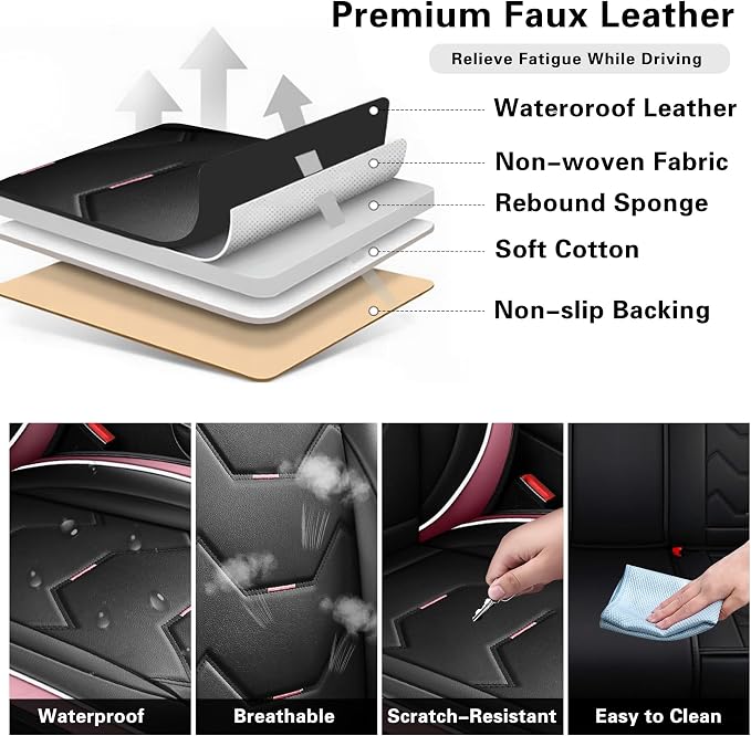otoez Car Seat Covers Full Set, 5 Seat Pink Leather Seat Cover for Car, Waterproof Automotive Front and Back Seat Protectors for Most Sedens Trucks SUVs, Black & Pink
