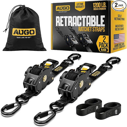 AUGO Retractable Ratchet Straps | 2 Heavy Duty Ratchet Straps Self Retractable Tie Downs with Soft Loops & Storage Bag for Motorcycle, Truck, Trailer, Cargo Van | 1200 Lb Break Strength 1” x 10’