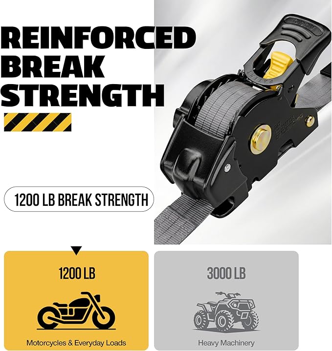 AUGO Retractable Ratchet Straps – 1" x 10' – 1200Lb Breakstrength – 4 Heavy Duty Self Retracting Tie Downs with Safety Lock S Hooks, Soft Loops & Storage Bag – for Motorcycle,Tree Stand,Bed,Boat,Cargo