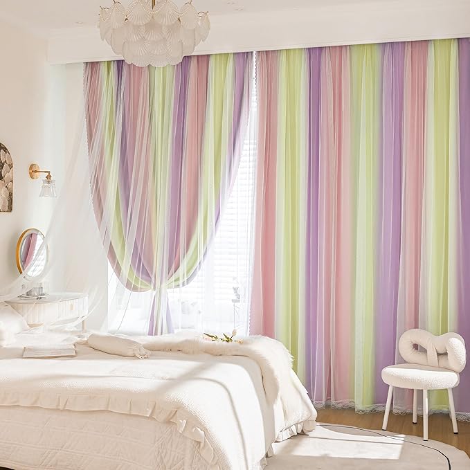 XiDi 100% Blackout Pink and Yellow Girls Curtains for Bedroom 63 Inches Long 2 Panels Nursery Curtains with Sheer Overlay Kids Princess Room Decor Soundproof Light Blokc Grommet Window Drapes 52Wx63L
