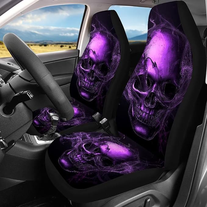 13pcs Purple Skull Car Accessories Full Set for Women Men Car Rear Front Seat Protectors with Armrest Cover, Seat Belt Cover, Steering Wheel Cover, Keychain and Coaster Fit Cars SUV Turcks