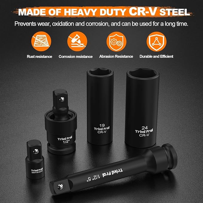 Impact Socket Set 1/2" Drive - Trivd Frol 65pcs Impact Socket Set Metric and Standard Full, Metric Socket Set 8-24mm & SAE Socket Set 3/8"-1-1/4", Shallow & Deep Socket Set, Extensions, Adapter