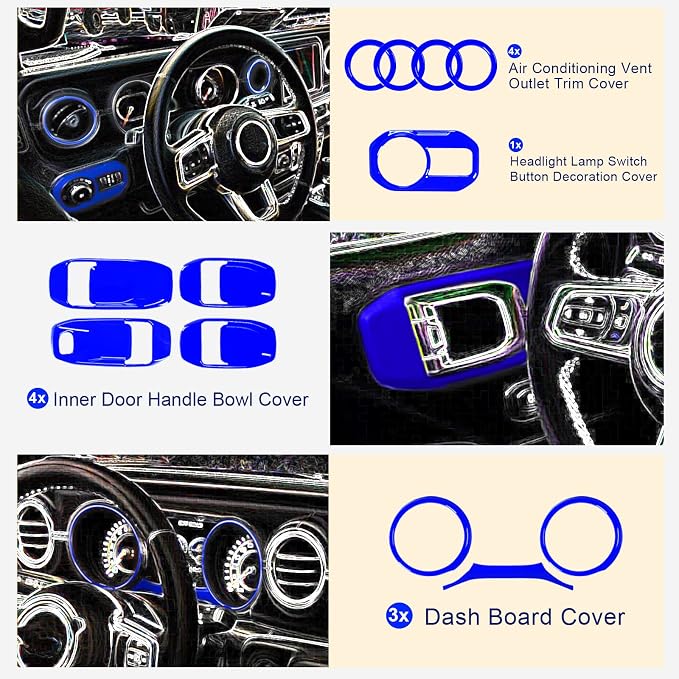 21PCS Full Set Interior Decoration Trim Kit Compatible with Jeep Wrangler JL JLU & Gladiator JT 2018-2021,Steering Wheel,Reading Light,Air Conditioning Vent,Headlight Switch,Speaker Covers(Blue)
