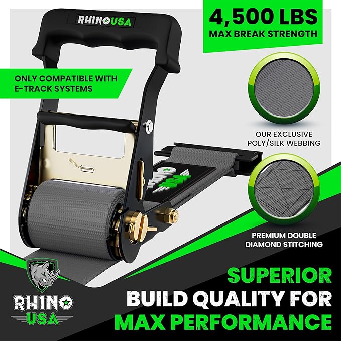 Rhino USA E Track Ratchet Tie Down Straps (4,500lb Break Strength) - Includes (4) Premium 2" x 16' eTrack Tie Downs - Ultimate Heavy Duty eTrack Cargo Strap System for Trailer, Truck, Motorcycle