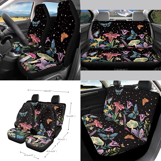 Butterfly Star Tulip Mushroom Pattern Auto Interior with Full Set Car Seat Covers Steering Wheel Cover Keychain Trash Can Seat Belt Covers Air Vent Storage Pocket Cup Holders Mirror Covers