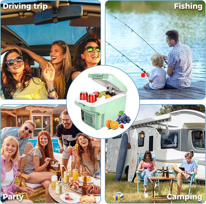 Iceblue Electric Cooler with Type-C, 8 Liter /11 Cans Mini Fridge with Belt, 9V Type-C Thermoelectric Dual-use Car Refrigerator, Car Fridge for Car, Dorm, Travel, Picnic, Gift - Green