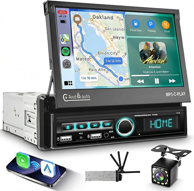 Single Din Car Stereo with Wireless Carplay Android Auto, 7" Motorized Flip Out Touchscreen Bluetooth Upgrade Car Radio with Mirror Link FM Dual USB/AUX/SD Card Ports Mic Rear View Camera