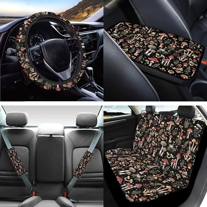 Mumeson Mushroom Car Accessories Car Front and Rear Seat Covers Protector with Steering Wheel Cover + Seat Belt Covers Shoulder Pads + Car Armrest Cushion Pad 8 Pack Set Car Accessories