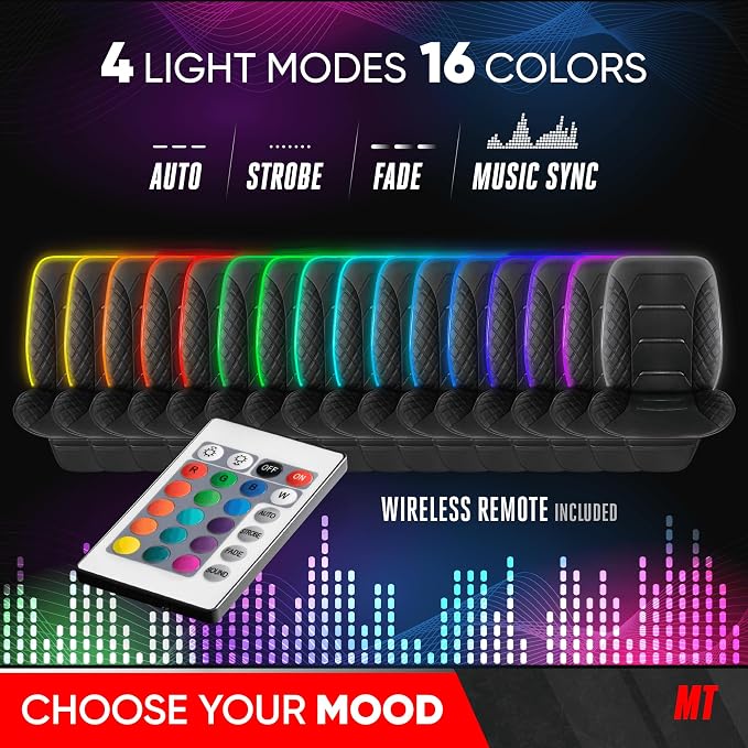 Motor Trend RGB LED Car Seat Protector with Remote 2 Pack — Color-Changing Front Seat Cover, 4 Modes (Music Sync, Pulse, Fade, Static), Universal Fit, Faux Leather Trim, Waterproof & Easy Install
